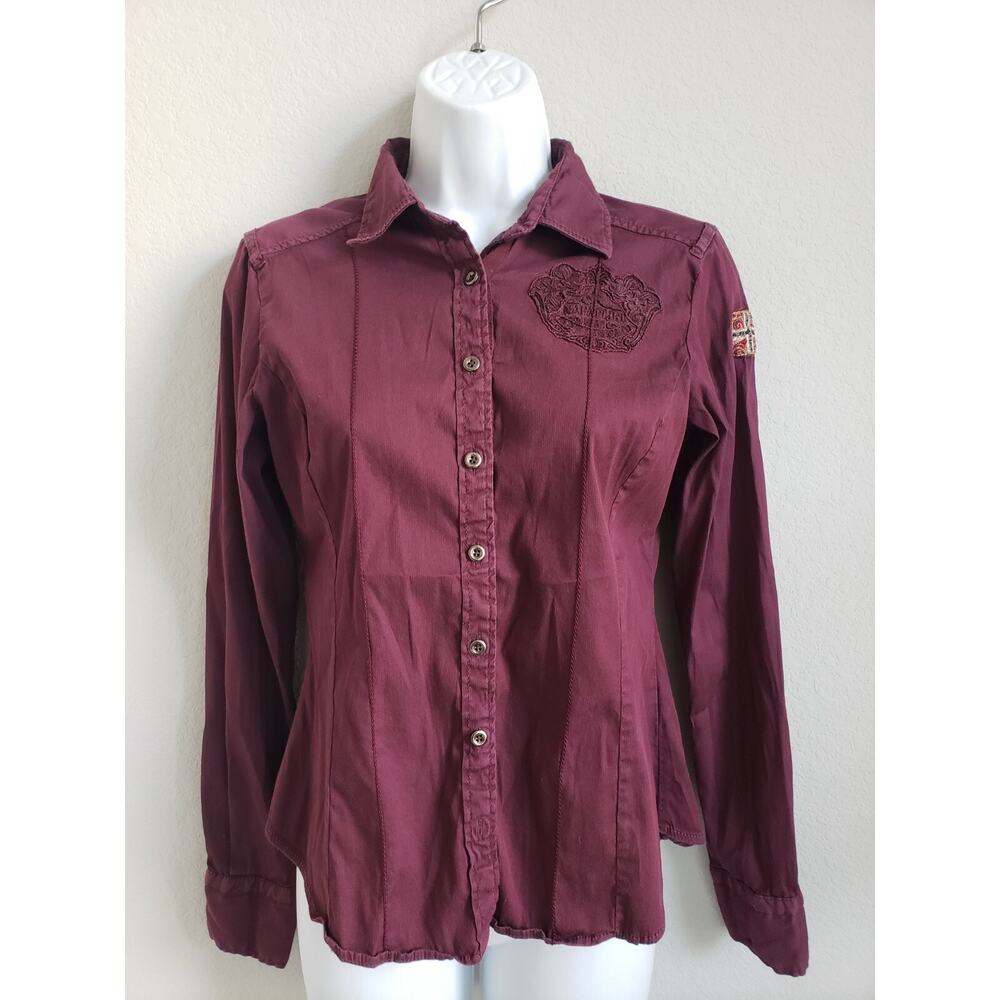 EUC Napapijri Maroon Logo Collared Button Down Cotton Blend Norway Flag Sz S